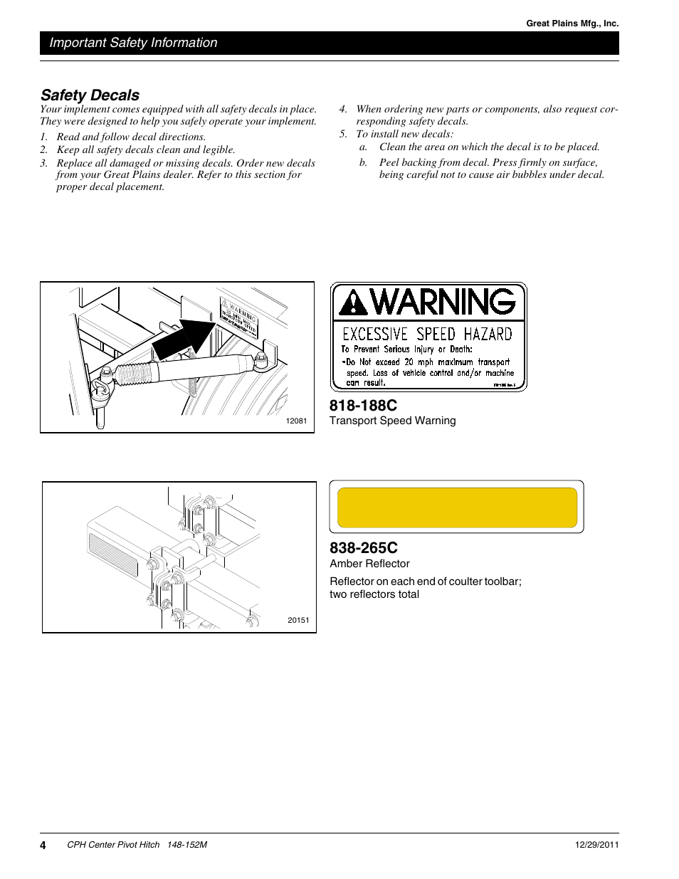 Safety decals, 188c, 265c | Great Plains CPH-20 Operator Manual User Manual | Page 6 / 28