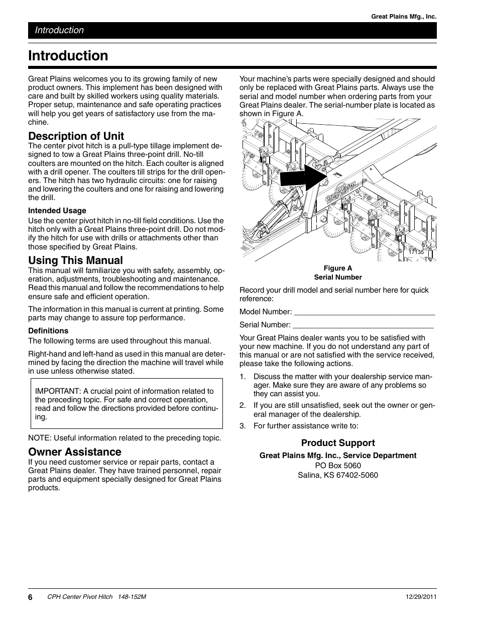 Introduction, Description of unit, Using this manual | Owner assistance | Great Plains CPH-20 Operator Manual User Manual | Page 8 / 28