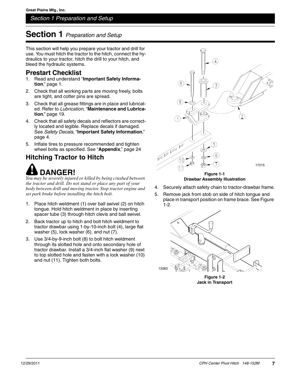 Danger, Prestart checklist, Hitching tractor to hitch | Great Plains CPH-20 Operator Manual User Manual | Page 9 / 28