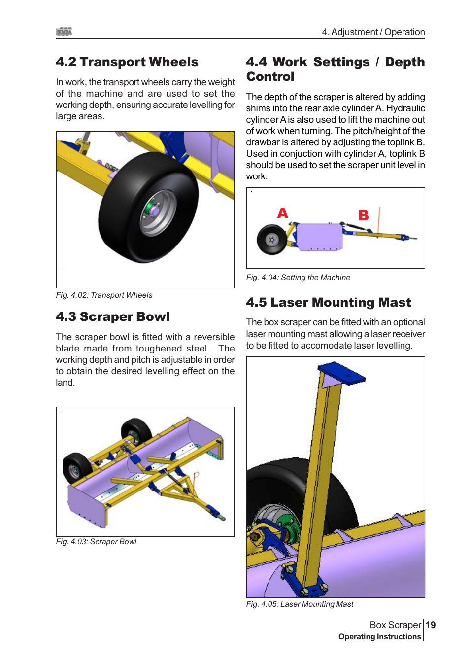 4 work settings / depth control, 5 laser mounting mast, 3 scraper bowl | 2 transport wheels | Great Plains P13926 User Manual | Page 19 / 26