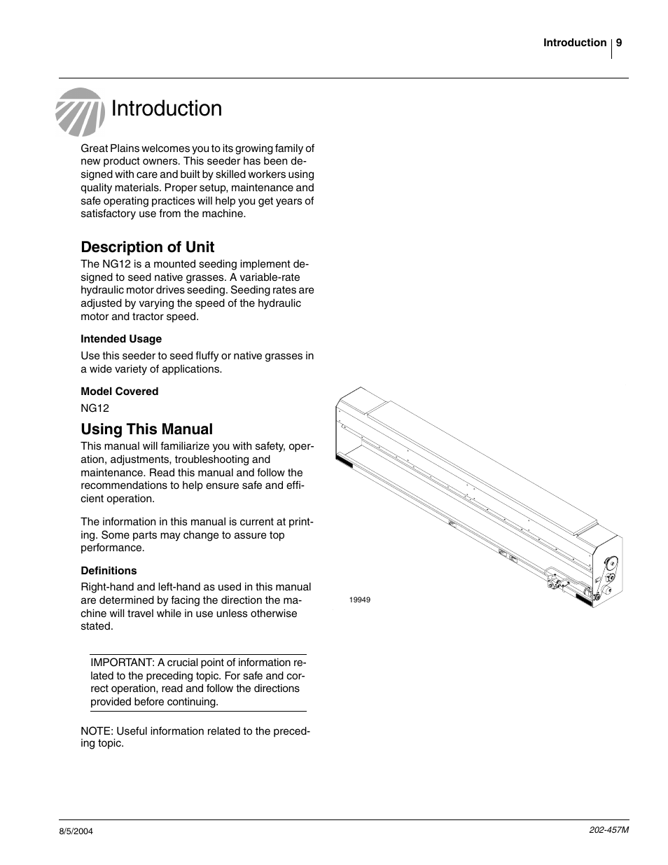 Introduction, Description of unit, Intended usage | Model covered, Using this manual, Definitions | Great Plains NG12 Operator Manual User Manual | Page 11 / 30