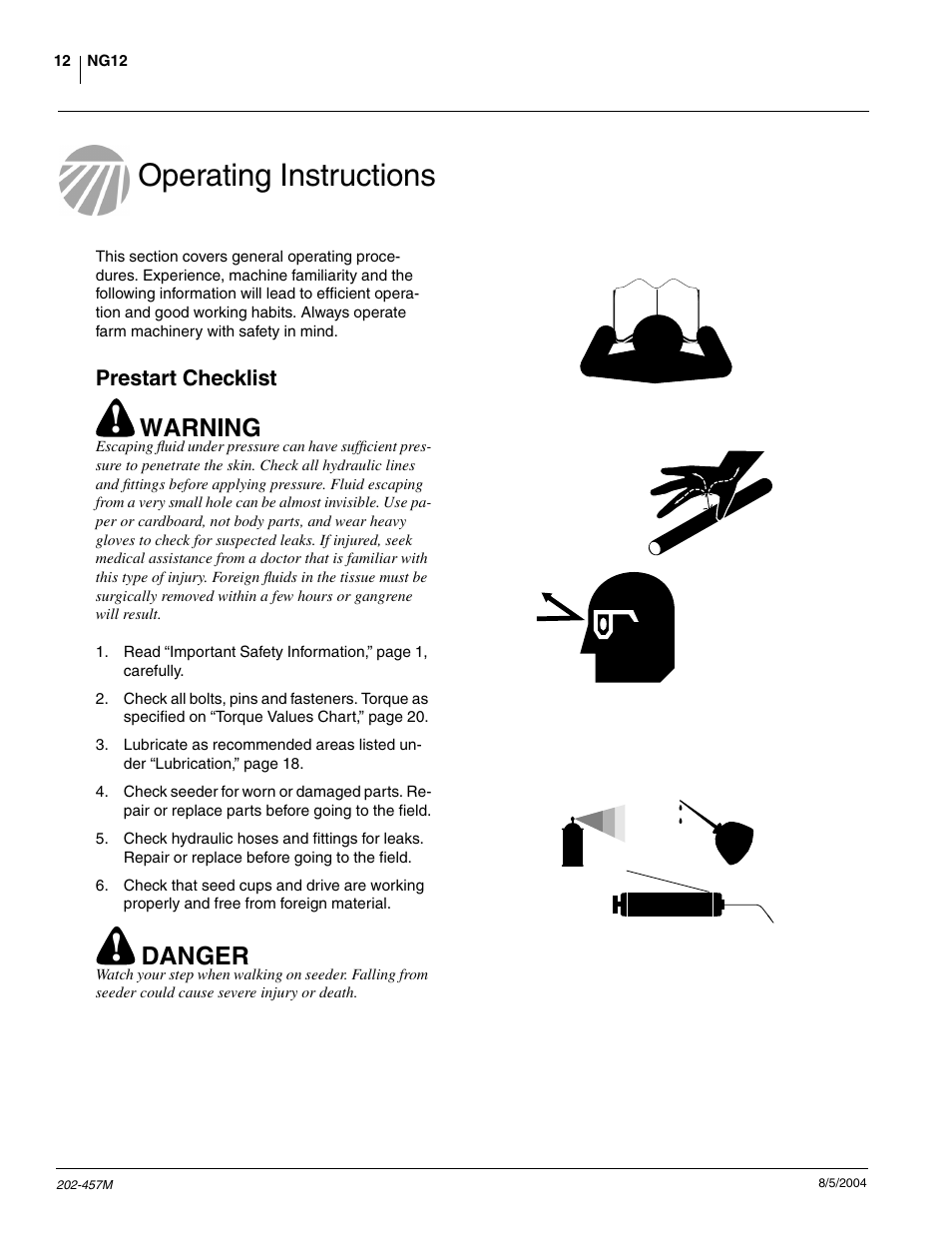 Operating instructions, Prestart checklist, Warning | Danger | Great Plains NG12 Operator Manual User Manual | Page 14 / 30