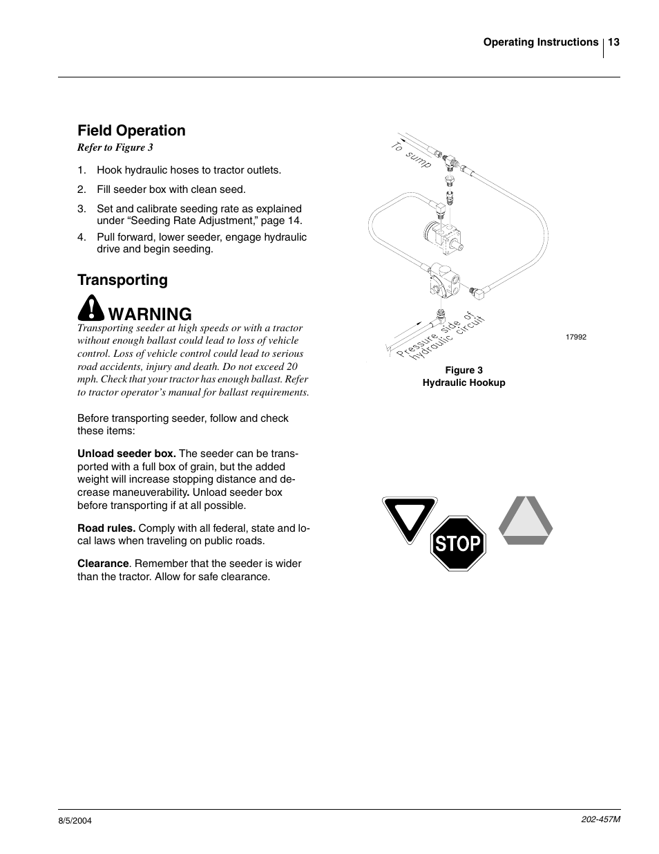 Field operation, Transporting, Warning | Great Plains NG12 Operator Manual User Manual | Page 15 / 30