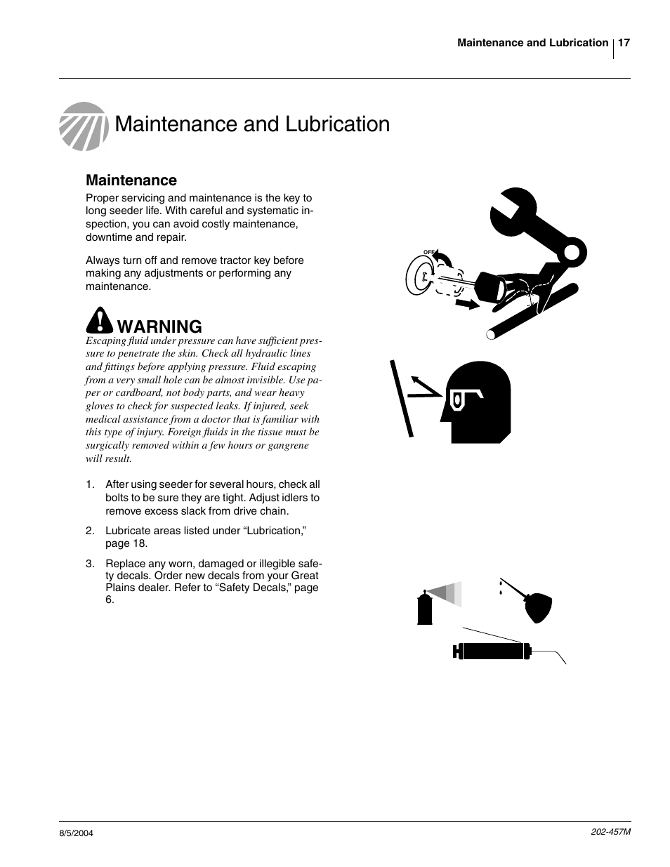 Maintenance and lubrication, Maintenance, Warning | Great Plains NG12 Operator Manual User Manual | Page 19 / 30