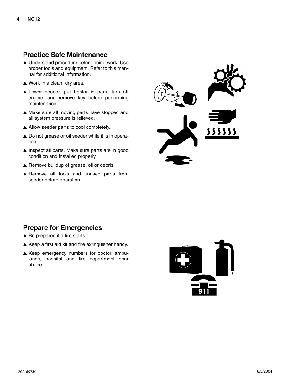 Practice safe maintenance, Prepare for emergencies | Great Plains NG12 Operator Manual User Manual | Page 6 / 30