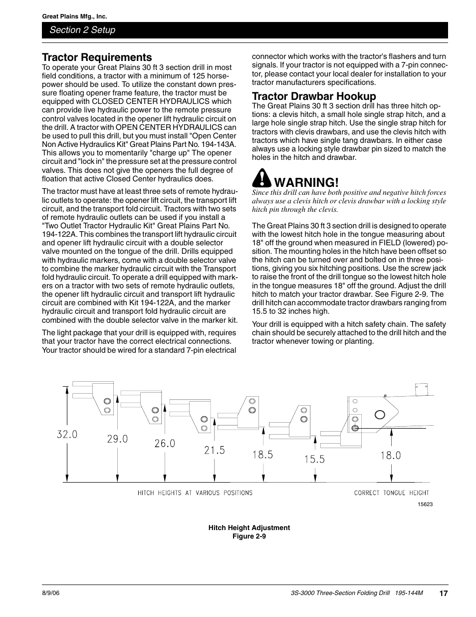 Warning, Tractor requirements, Tractor drawbar hookup | Great Plains 3S-3000F Predelivery Manual User Manual | Page 19 / 26