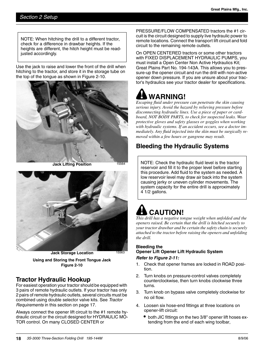 Warning, Caution, Tractor hydraulic hookup | Bleeding the hydraulic systems | Great Plains 3S-3000F Predelivery Manual User Manual | Page 20 / 26