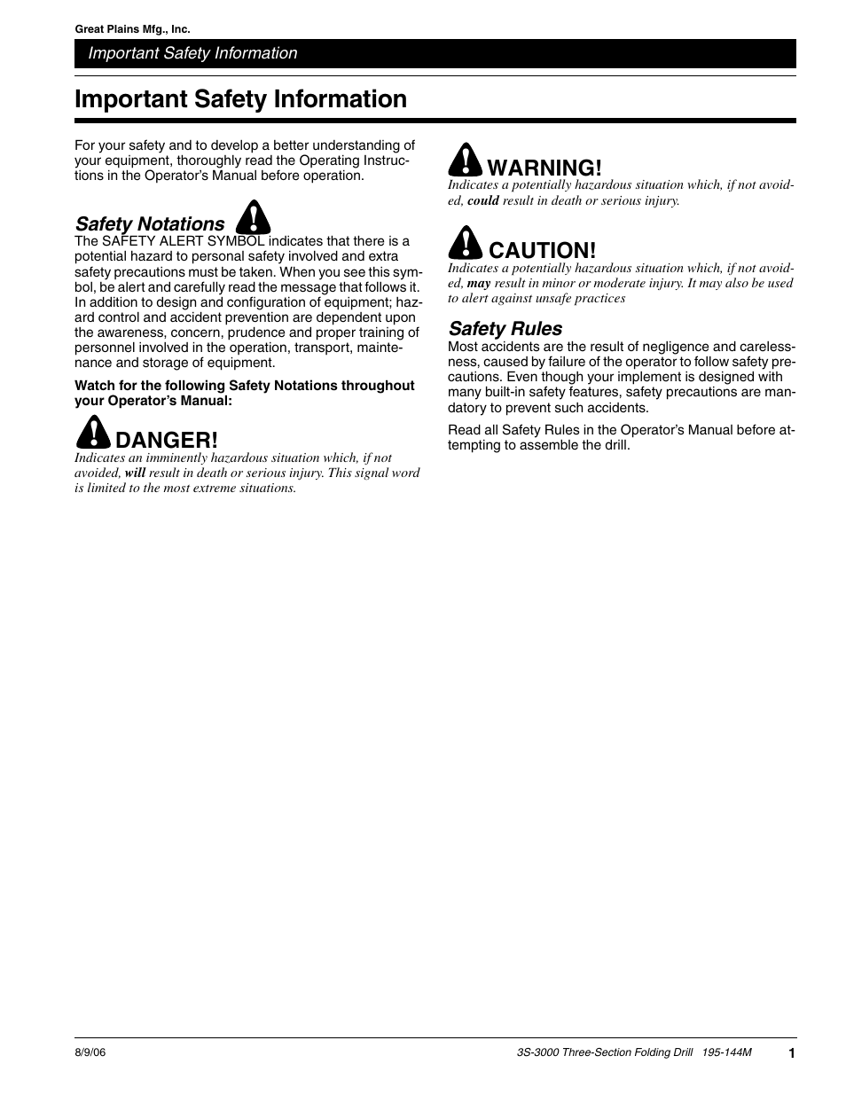 Important safety information | Great Plains 3S-3000F Predelivery Manual User Manual | Page 3 / 26