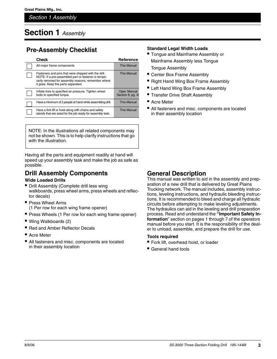 Drill assembly components, Pre-assembly checklist, General description | Great Plains 3S-3000F Predelivery Manual User Manual | Page 5 / 26