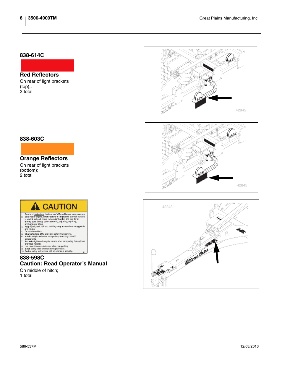 614c red reflectors, 603c orange reflectors, 598c caution: read operator’s manual | Great Plains 4000TM Operator Manual User Manual | Page 10 / 44