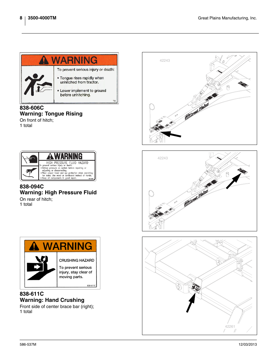 606c warning: tongue rising, 094c warning: high pressure fluid, 611c warning: hand crushing | Great Plains 4000TM Operator Manual User Manual | Page 12 / 44