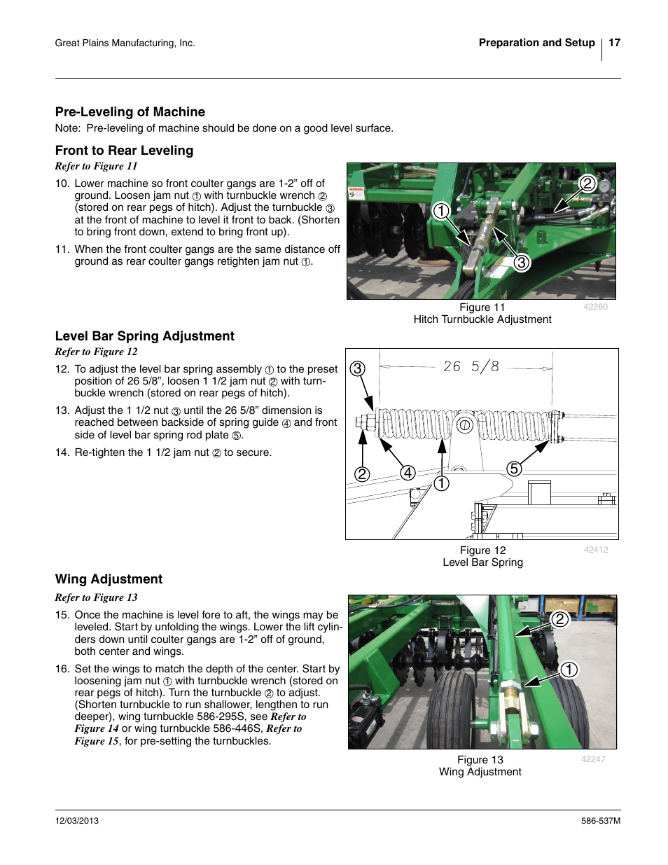 Pre-leveling of machine, Front to rear leveling, Level bar spring adjustment | Wing adjustment | Great Plains 4000TM Operator Manual User Manual | Page 21 / 44