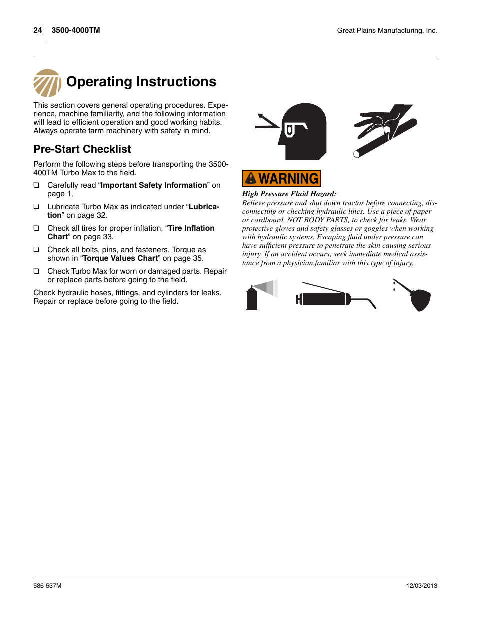 Operating instructions, Pre-start checklist, Operating instructions pre-start checklist | Great Plains 4000TM Operator Manual User Manual | Page 28 / 44