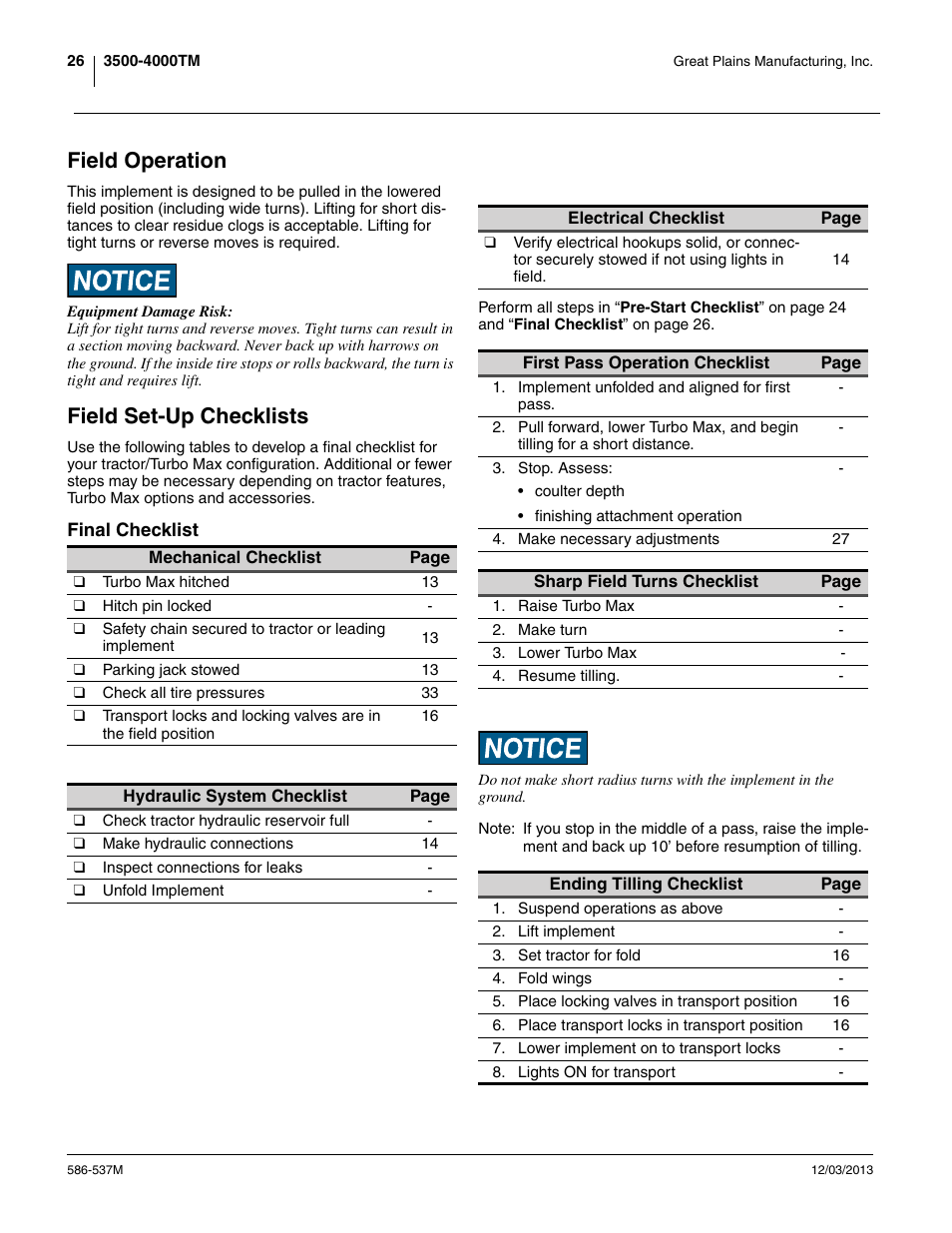 Field operation, Field set-up checklists, Final checklist | Field operation field set-up checklists | Great Plains 4000TM Operator Manual User Manual | Page 30 / 44