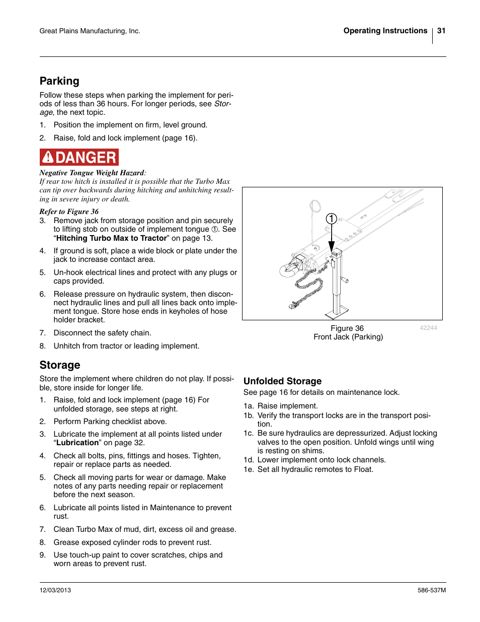 Parking, Storage, Unfolded storage | Great Plains 4000TM Operator Manual User Manual | Page 35 / 44