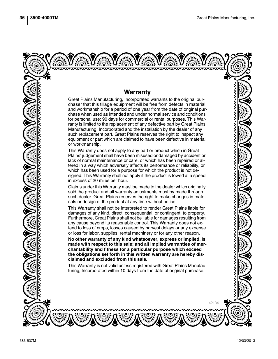 Warranty | Great Plains 4000TM Operator Manual User Manual | Page 40 / 44