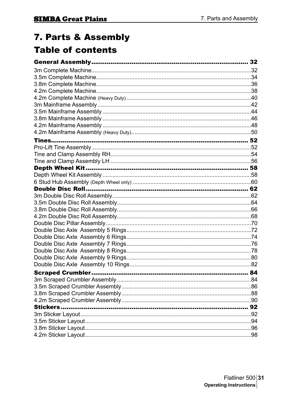 Parts & assembly table of contents | Great Plains P17398E Operator Manual User Manual | Page 31 / 102