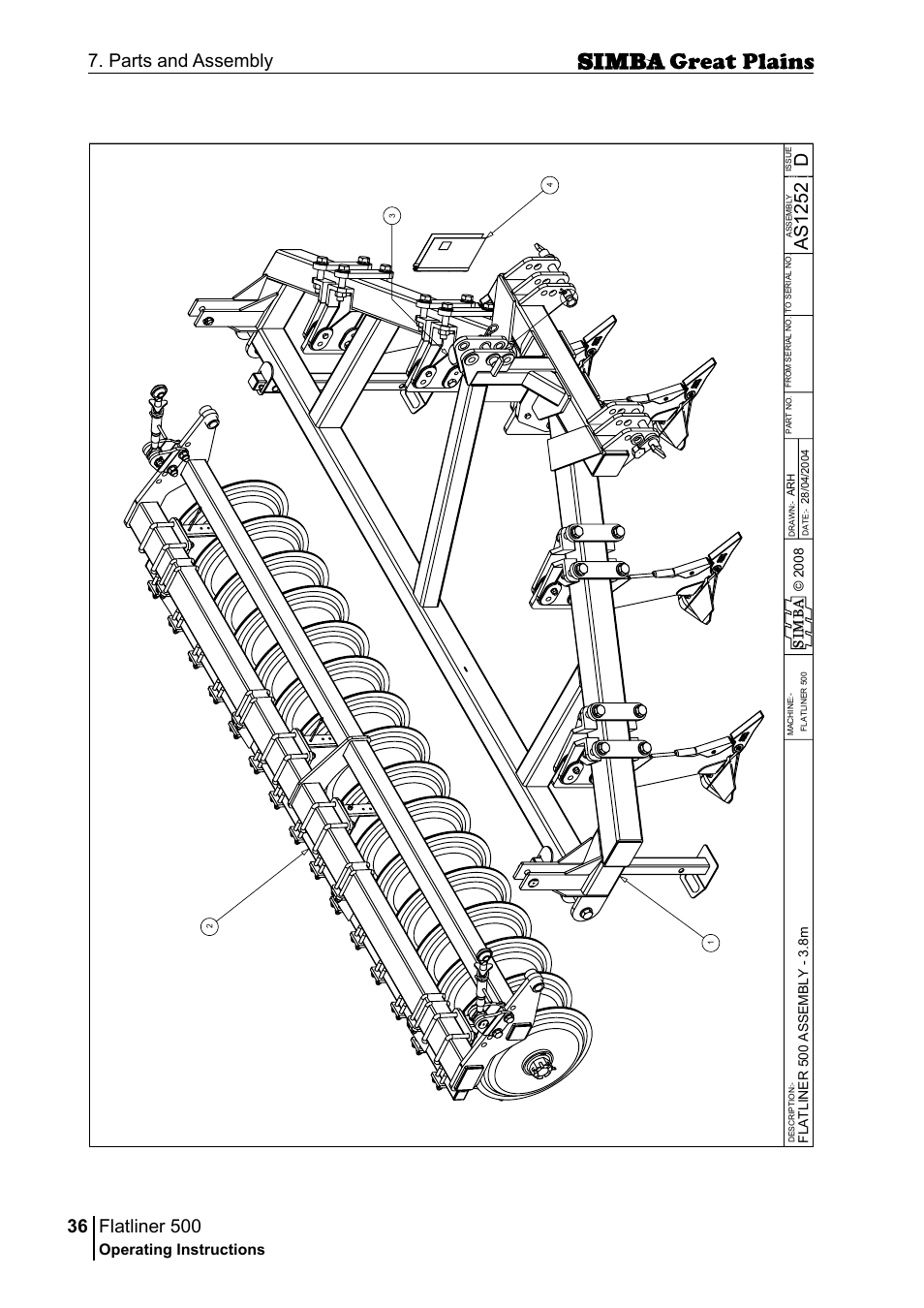 Flatliner 500, 36 7. parts and assembly, Das 12 52 | Operating instructions, Sim b a | Great Plains P17398E Operator Manual User Manual | Page 36 / 102