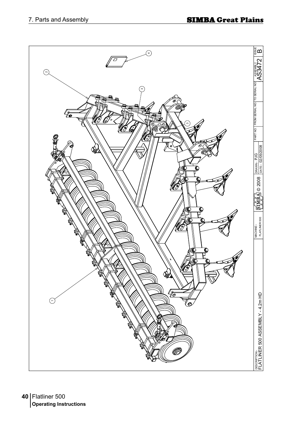 Flatliner 500, 40 7. parts and assembly, Bas 34 72 | Operating instructions, Sim b a | Great Plains P17398E Operator Manual User Manual | Page 40 / 102