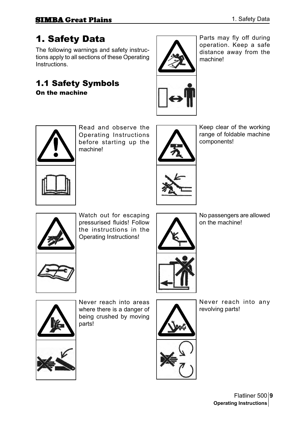 Safety data, 1 safety symbols | Great Plains P17398E Operator Manual User Manual | Page 9 / 102