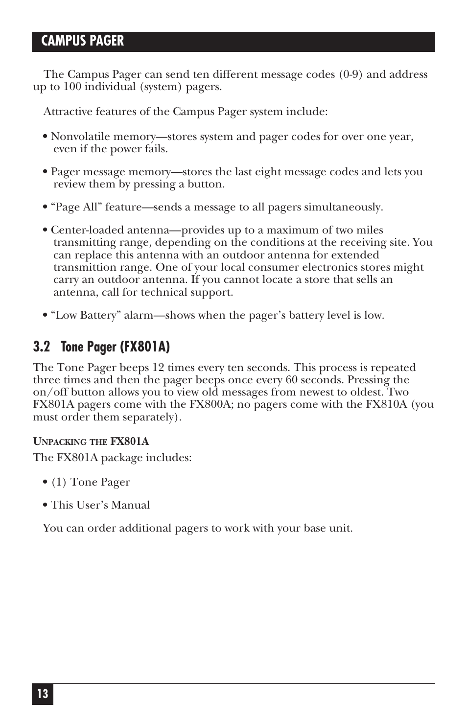 Campus pager, 2 tone pager (fx801a) | Black Box FX802A User Manual | Page 11 / 25