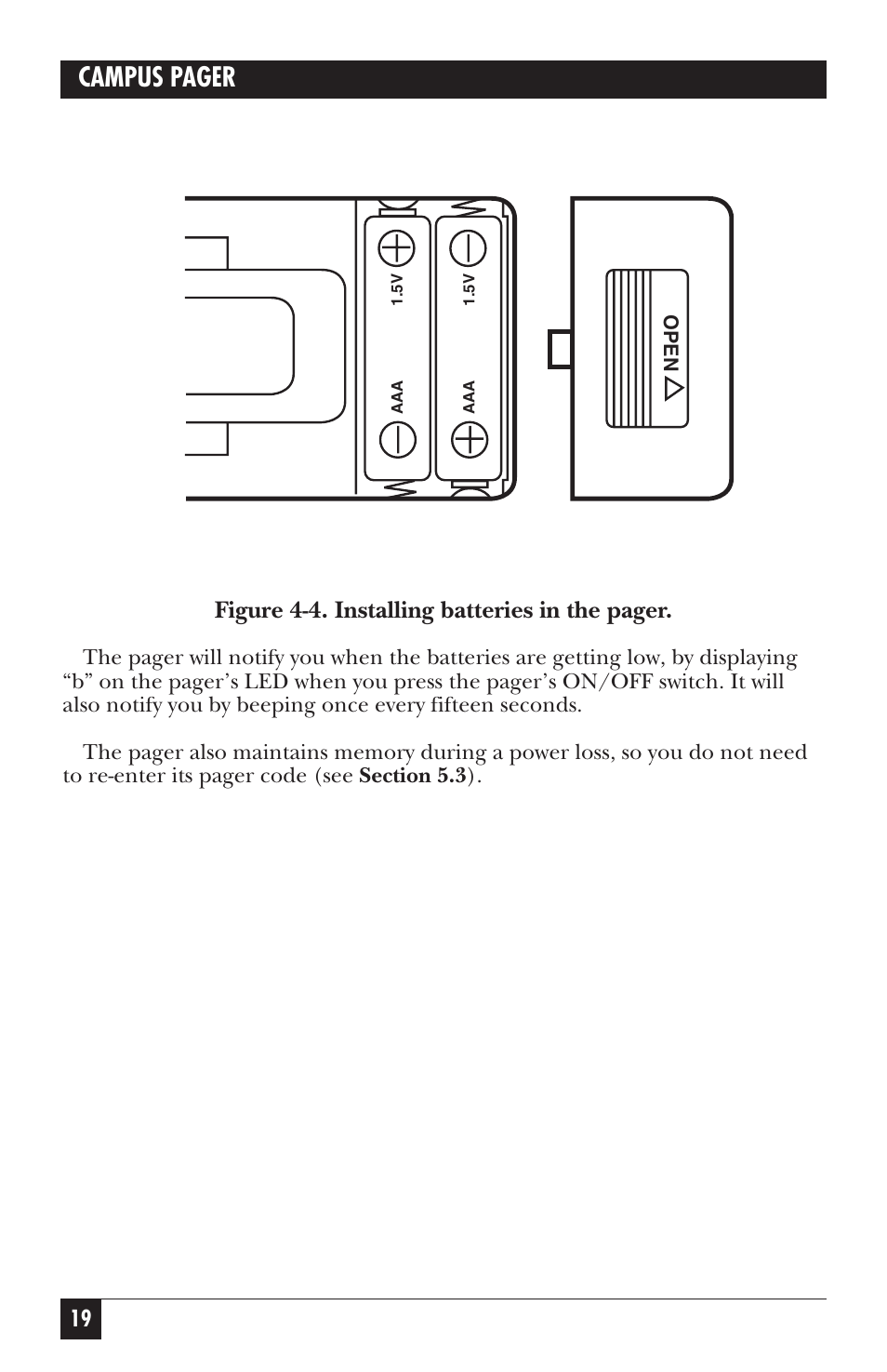 Campus pager, Figure 4-4. installing batteries in the pager | Black Box FX802A User Manual | Page 17 / 25