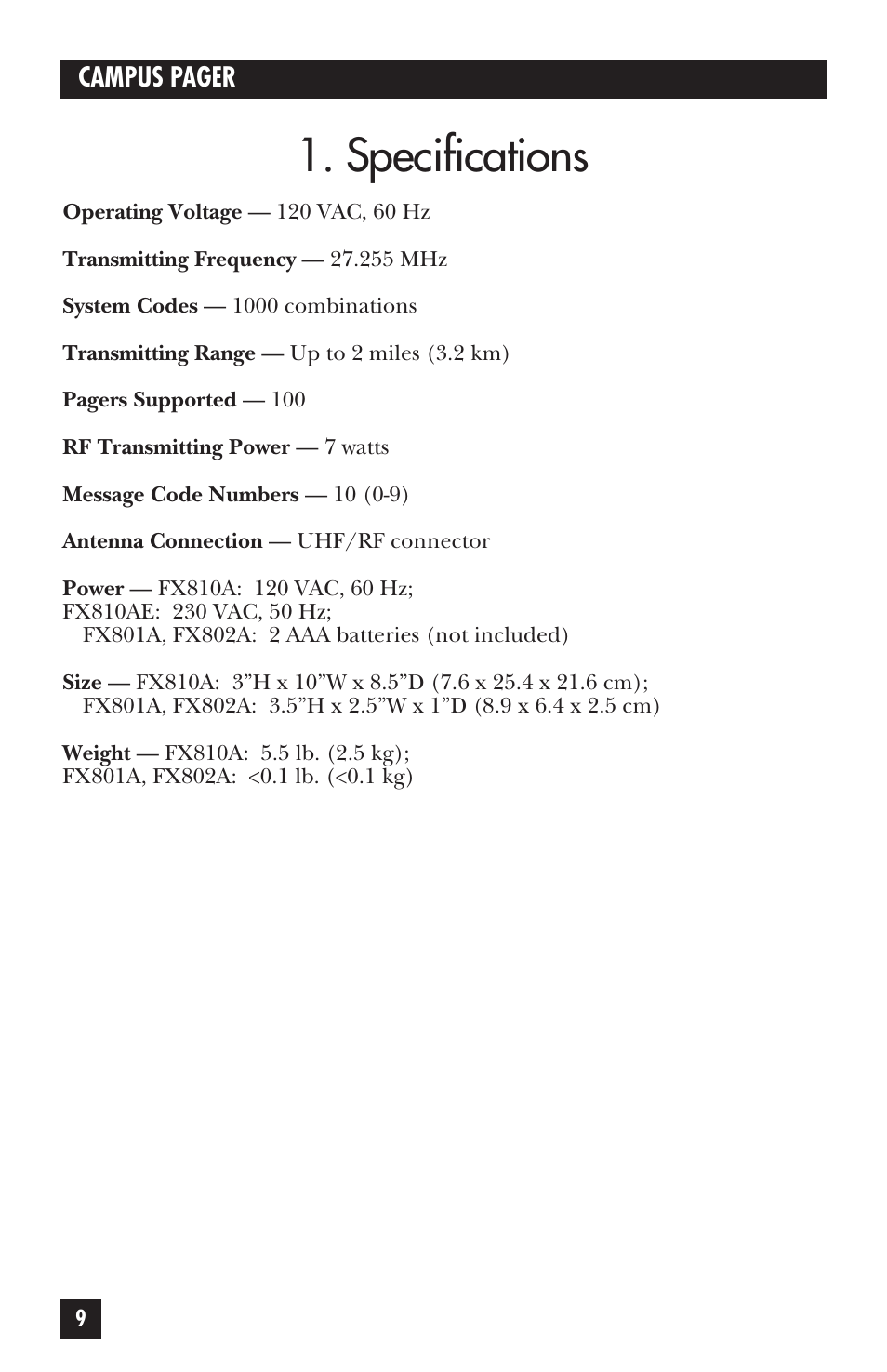 Specifications | Black Box FX802A User Manual | Page 7 / 25
