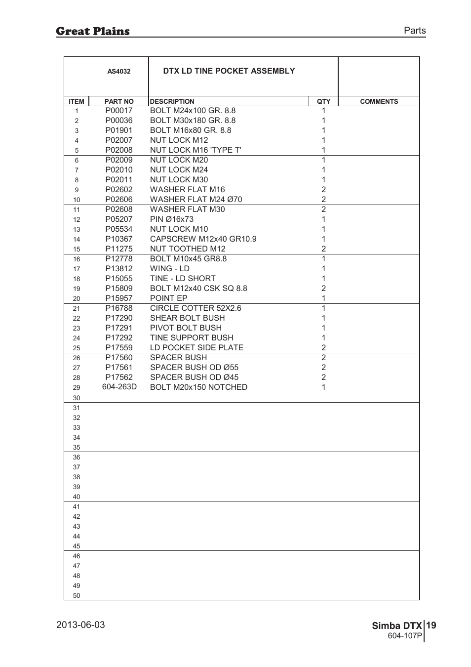 48 7. parts and assembly, Bas 40 32, 49 dtx | Parts and assembly, Parts 19 simba dtx, Operating instructions, Dtx ld tine pocket assembly, 107p, 263d, Si m b a | Great Plains DTX350 Parts Manual User Manual | Page 19 / 52