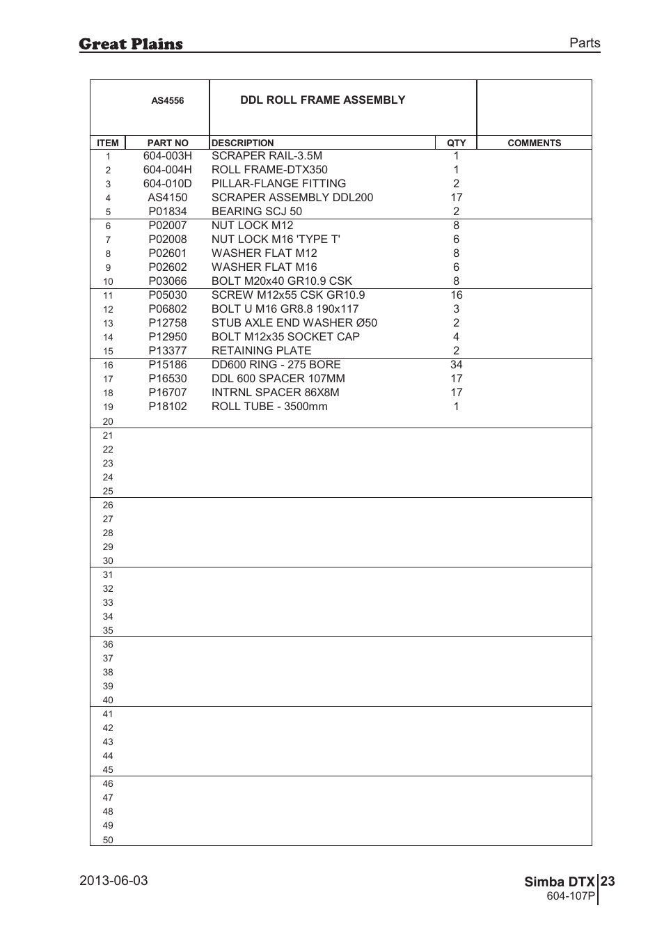 52 7. parts and assembly, Aas 45 56, 53 dtx | Parts and assembly, Parts 23 simba dtx, Operating instructions, Ddl roll frame assembly, 010d pillar-flange fitting 2, 107p, Si m b a | Great Plains DTX350 Parts Manual User Manual | Page 23 / 52