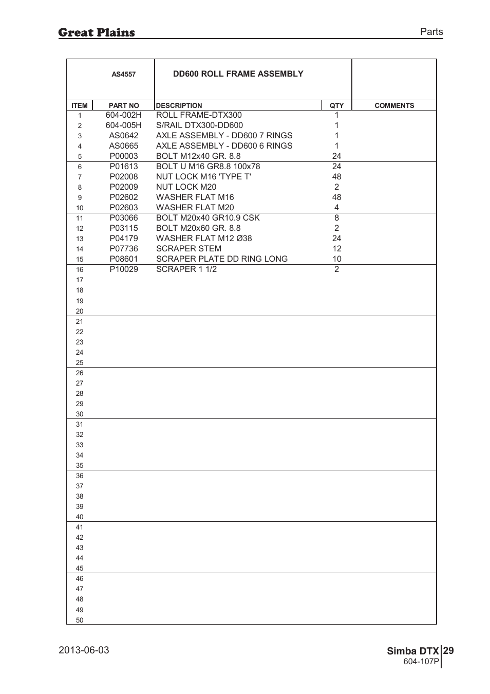 58 7. parts and assembly, Aas 45 57, 59 dtx | Parts and assembly, Parts 29 simba dtx, Operating instructions, Dd600 roll frame assembly, 107p, Si m b a, As4557 | Great Plains DTX350 Parts Manual User Manual | Page 29 / 52