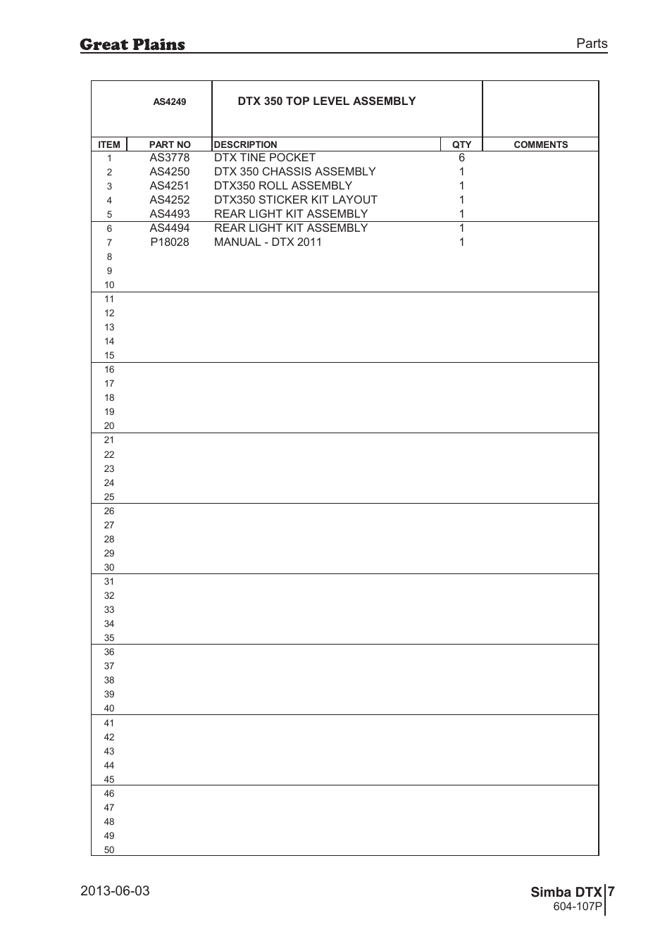 36 7. parts and assembly, Aas 42 49, 37 dtx | Parts and assembly, Parts 7 simba dtx, Operating instructions, Dtx 350 top level assembly, 107p, Si m b a | Great Plains DTX350 Parts Manual User Manual | Page 7 / 52