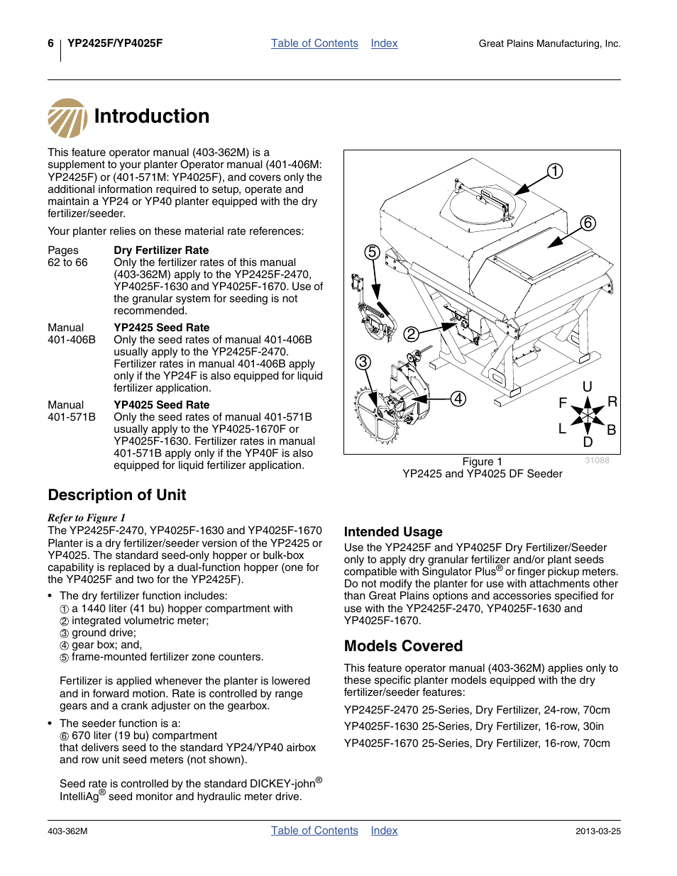 Introduction, Description of unit, Intended usage | Models covered, Introduction description of unit | Great Plains YP40F Operator Manual User Manual | Page 10 / 76