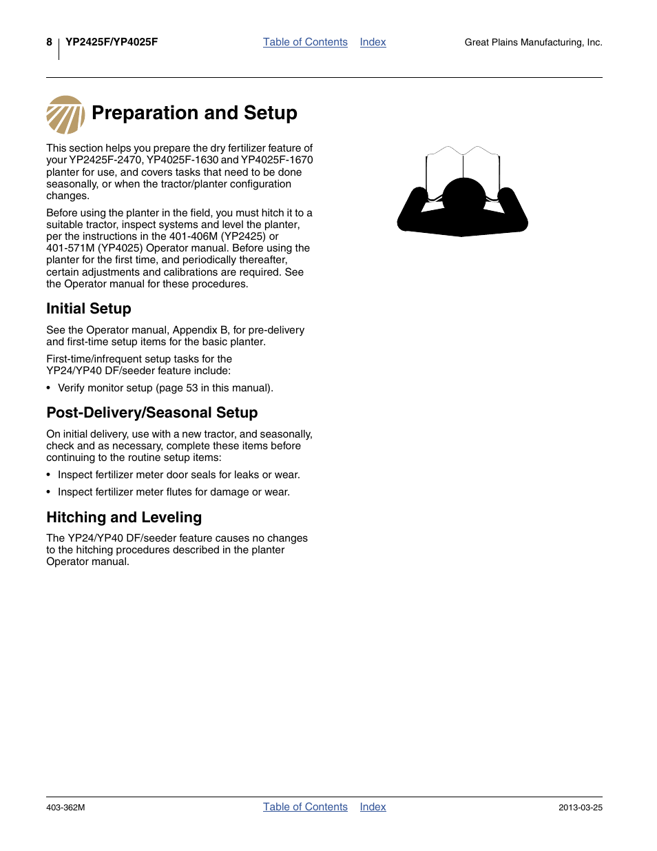 Preparation and setup, Initial setup, Post-delivery/seasonal setup | Hitching and leveling | Great Plains YP40F Operator Manual User Manual | Page 12 / 76