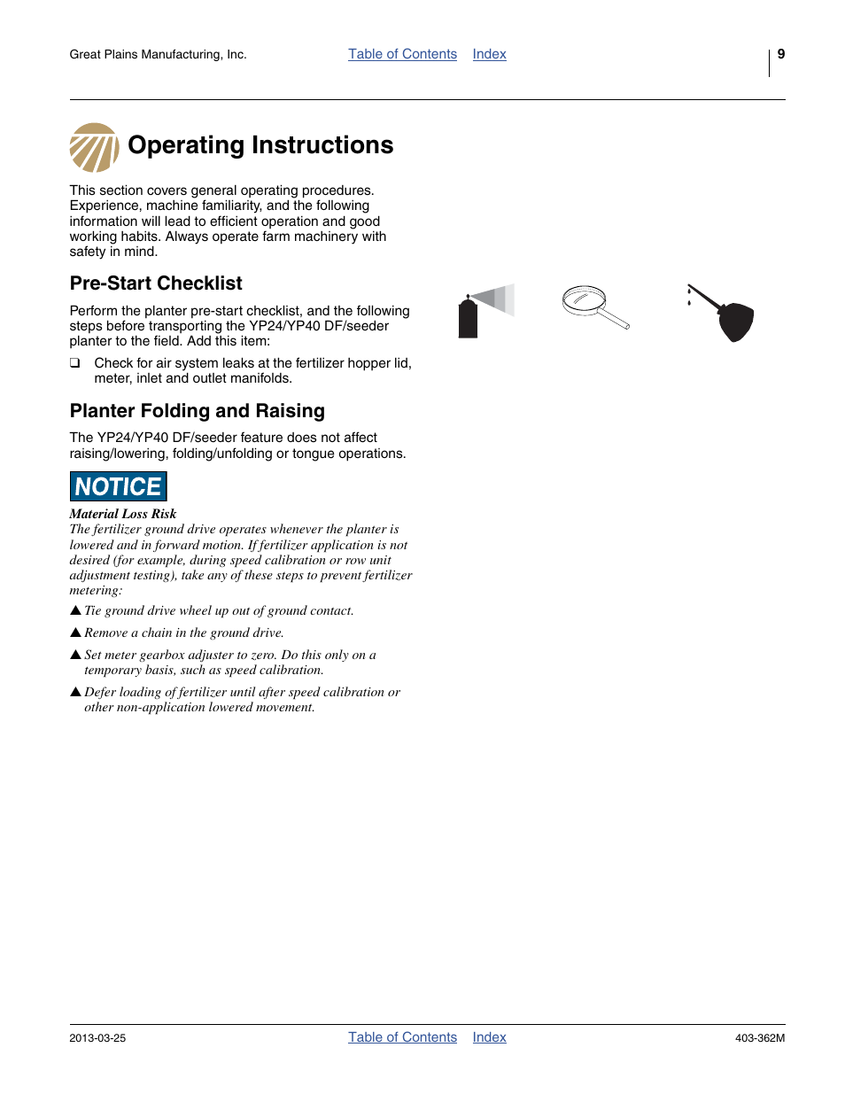 Operating instructions, Pre-start checklist, Planter folding and raising | Great Plains YP40F Operator Manual User Manual | Page 13 / 76