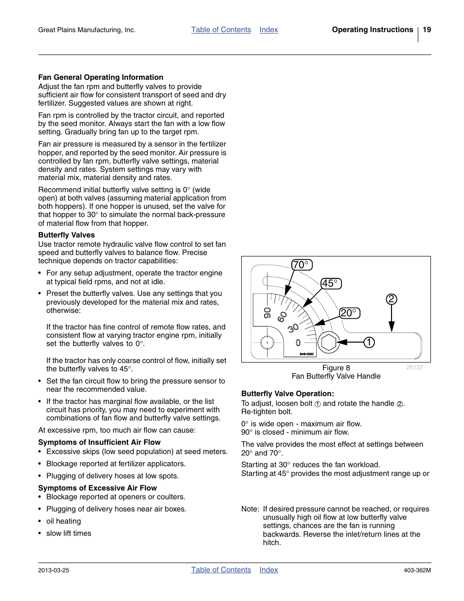 Fan general operating information, Butterfly valves, Butterfly valve operation | Symptoms of insufficient air flow, Symptoms of excessive air flow | Great Plains YP40F Operator Manual User Manual | Page 23 / 76