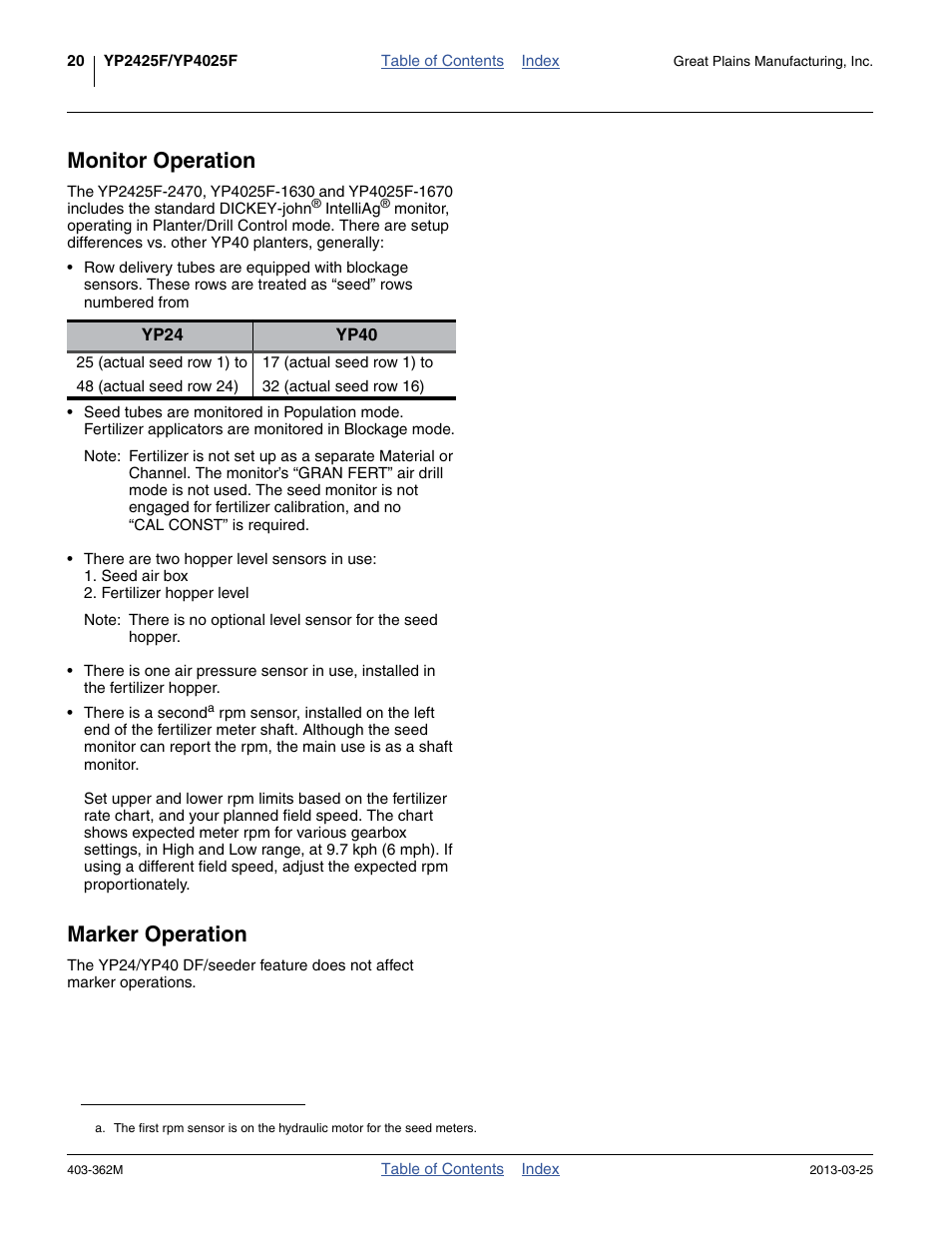 Monitor operation, Marker operation, Monitor operation marker operation | Great Plains YP40F Operator Manual User Manual | Page 24 / 76