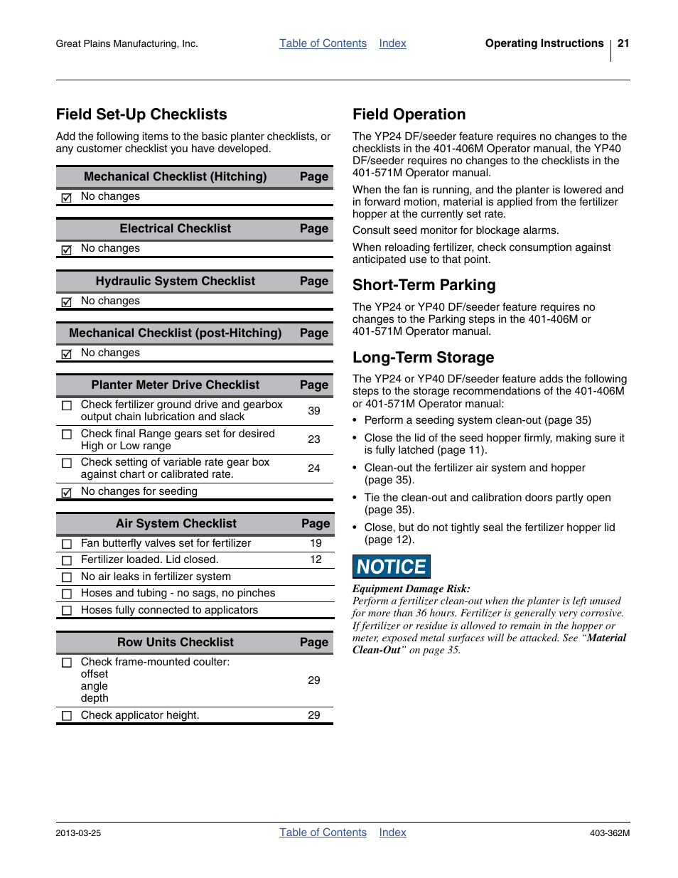 Field set-up checklists, Field operation, Short-term parking | Long-term storage | Great Plains YP40F Operator Manual User Manual | Page 25 / 76