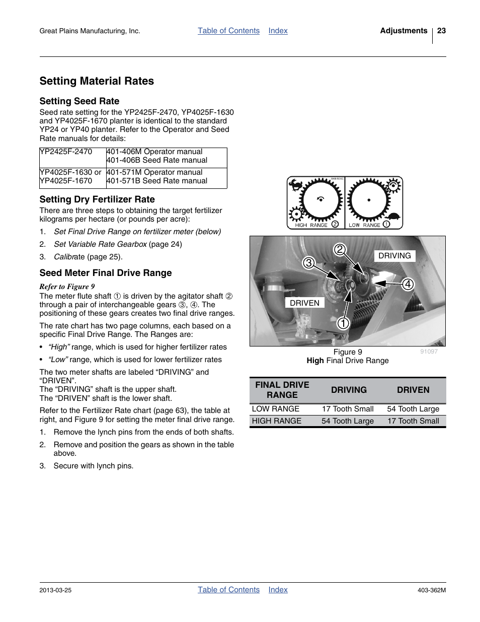 Setting material rates, Setting seed rate, Setting dry fertilizer rate | Seed meter final drive range | Great Plains YP40F Operator Manual User Manual | Page 27 / 76