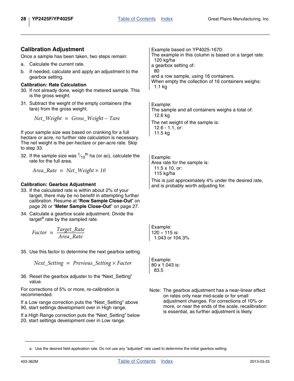 Calibration adjustment, Calibration: rate calculation, Calibration: gearbox adjustment | Great Plains YP40F Operator Manual User Manual | Page 32 / 76