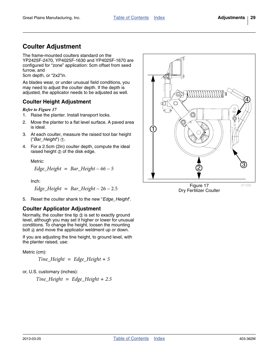 Coulter adjustment, Coulter height adjustment, Coulter applicator adjustment | Great Plains YP40F Operator Manual User Manual | Page 33 / 76