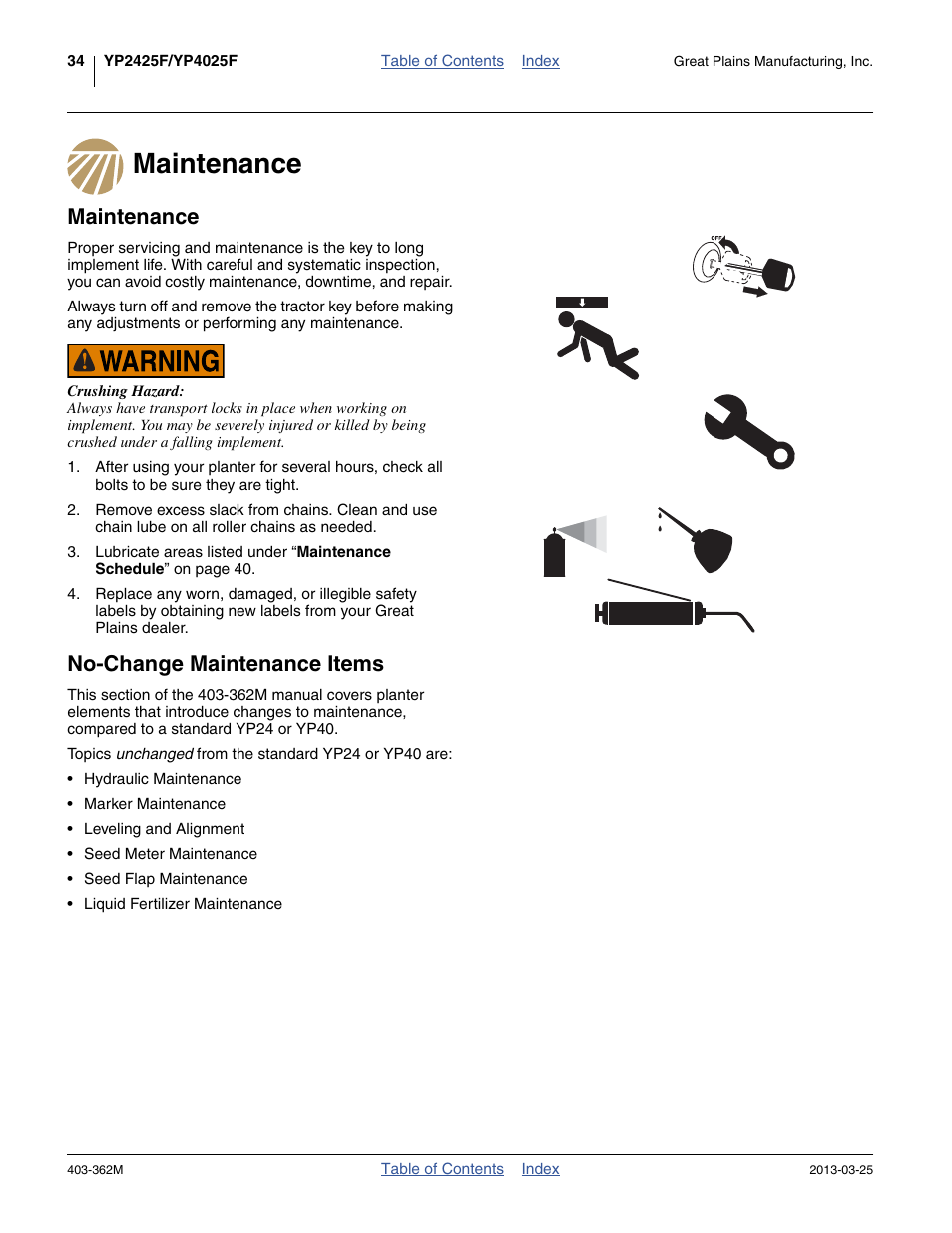 Maintenance, No-change maintenance items | Great Plains YP40F Operator Manual User Manual | Page 38 / 76