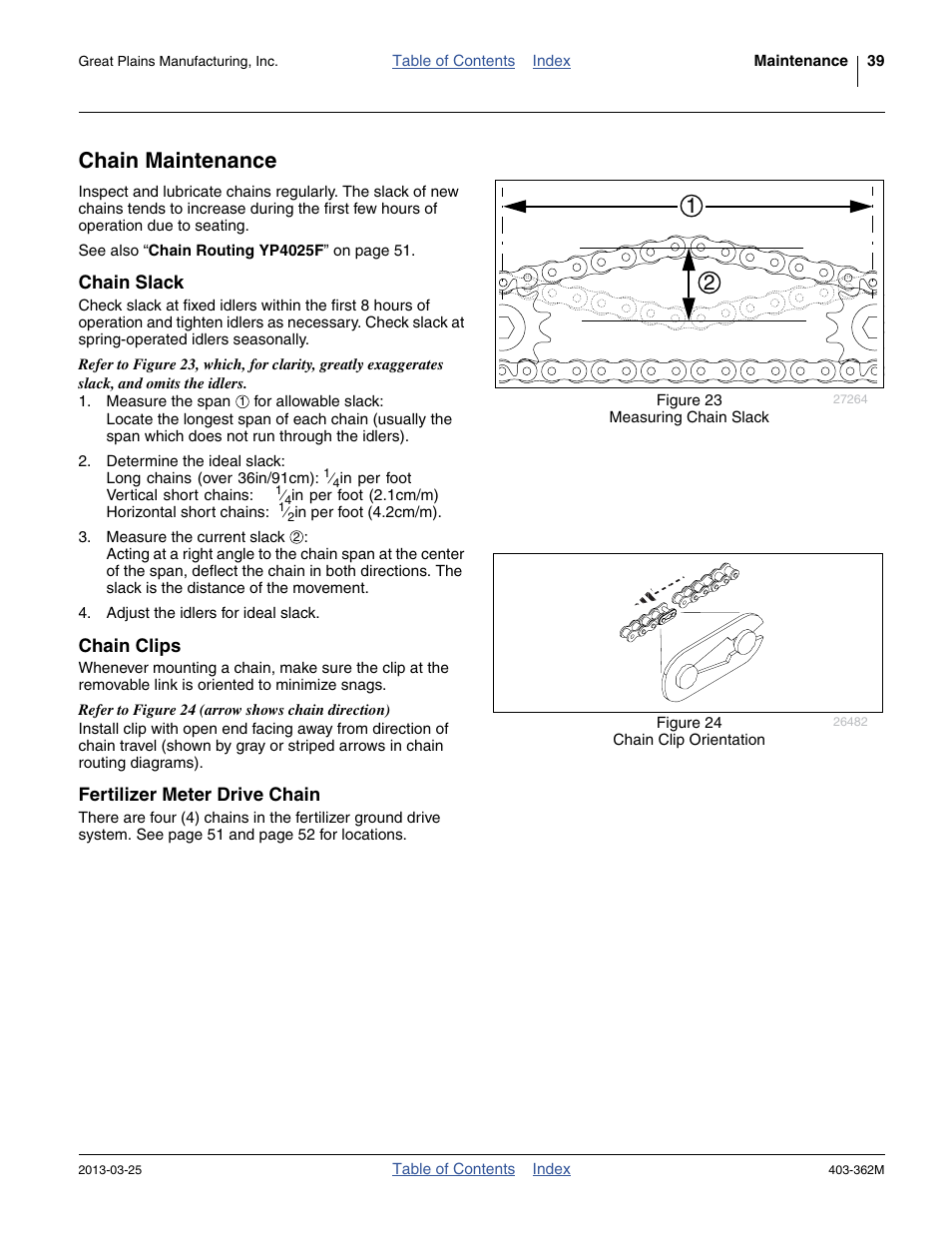 Chain maintenance, Chain slack, Chain clips | Fertilizer meter drive chain | Great Plains YP40F Operator Manual User Manual | Page 43 / 76