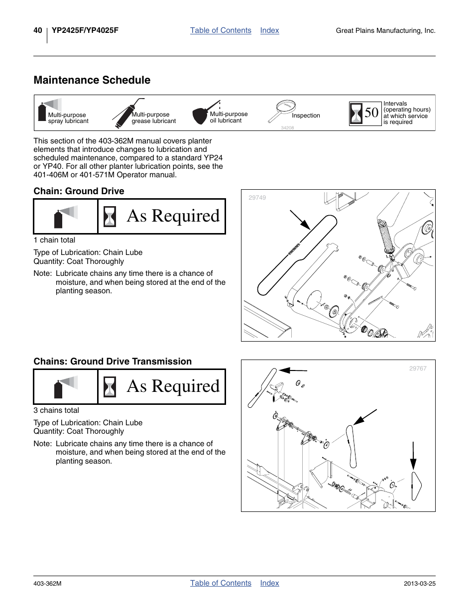 Maintenance schedule, Chain: ground drive, Chains: ground drive transmission | As required | Great Plains YP40F Operator Manual User Manual | Page 44 / 76