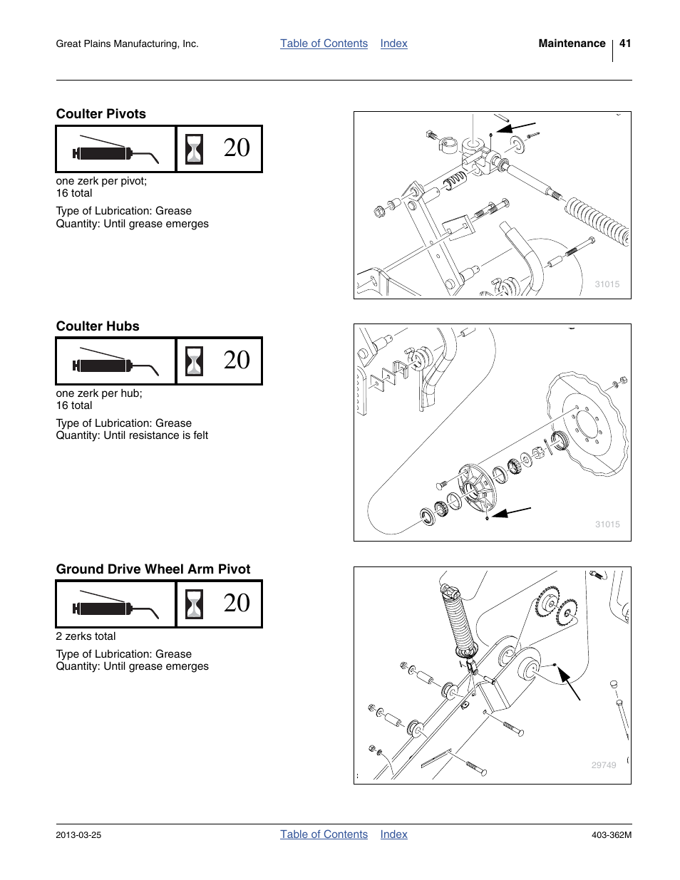 Coulter pivots, Coulter hubs, Ground drive wheel arm pivot | Great Plains YP40F Operator Manual User Manual | Page 45 / 76