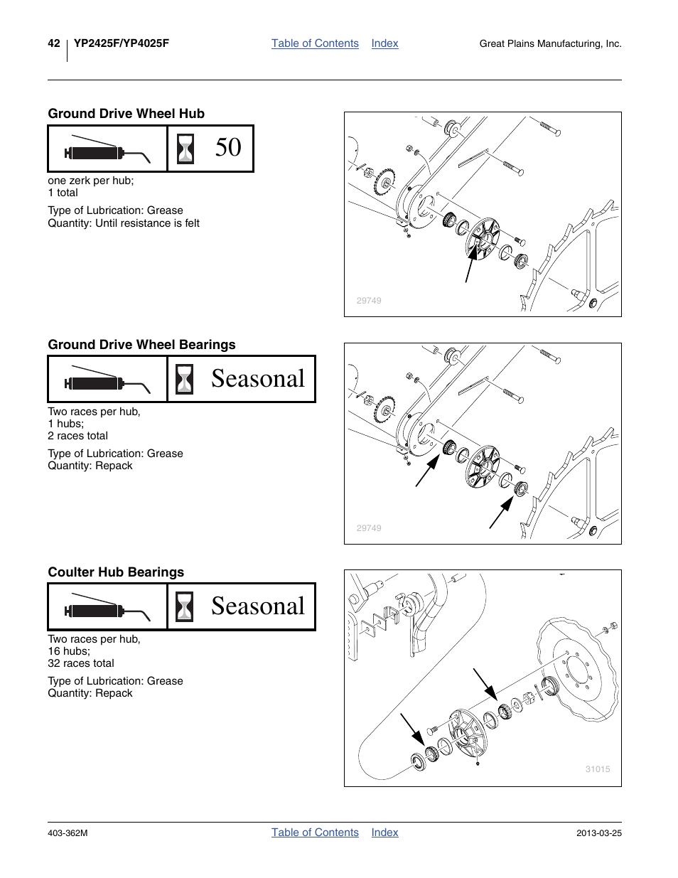 Ground drive wheel hub, Ground drive wheel bearings, Coulter hub bearings | Seasonal | Great Plains YP40F Operator Manual User Manual | Page 46 / 76