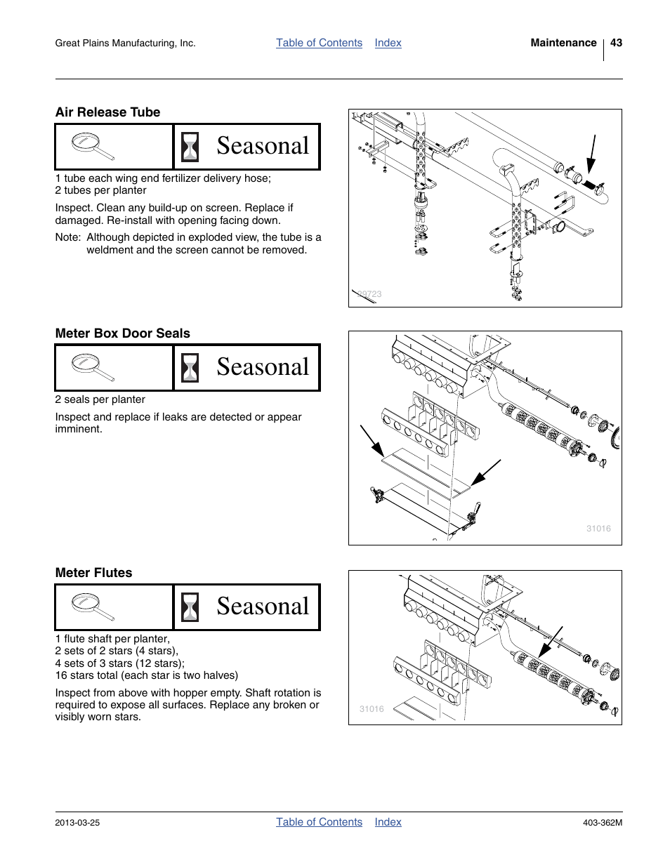 Air release tube, Meter box door seals, Meter flutes | Seasonal | Great Plains YP40F Operator Manual User Manual | Page 47 / 76