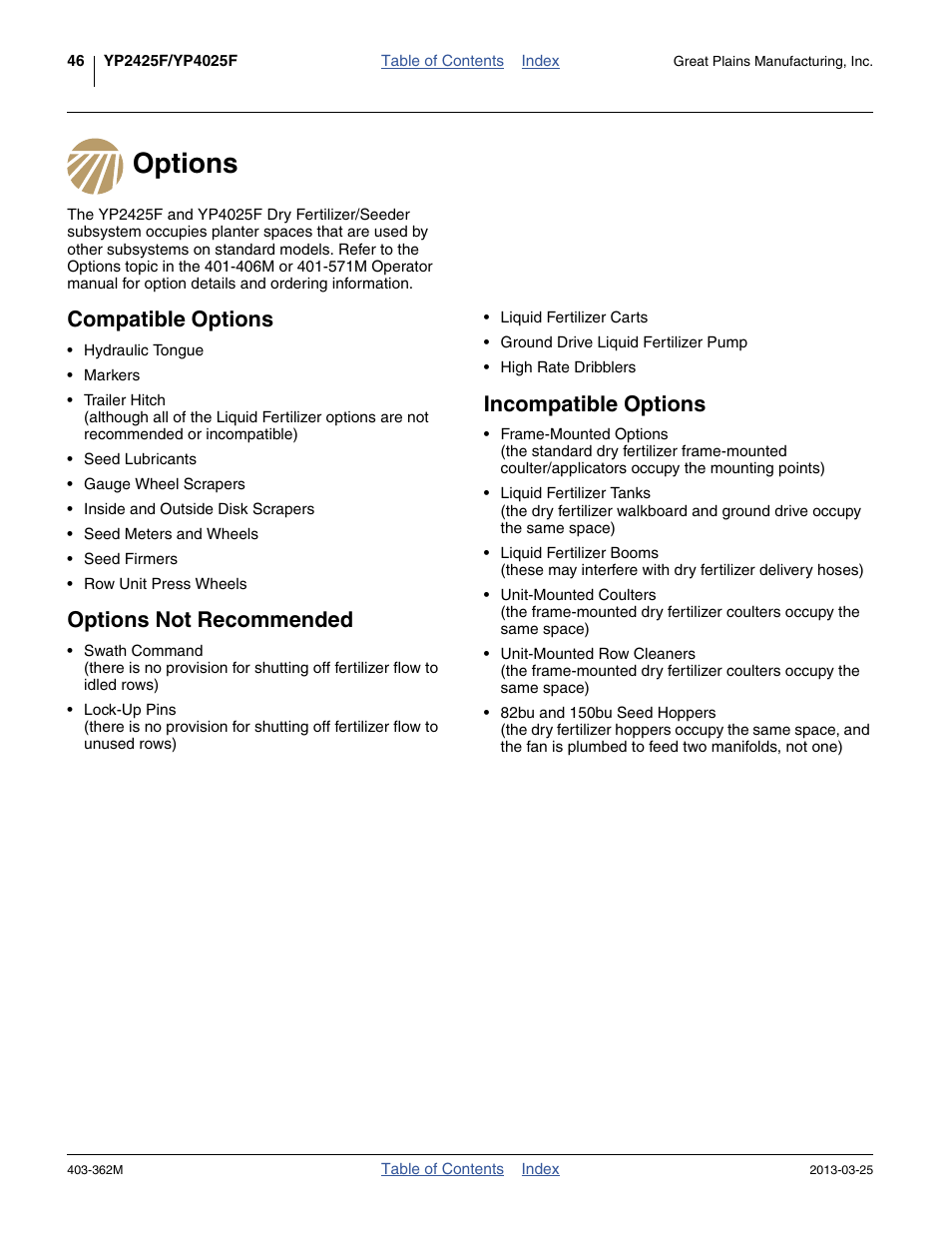 Options, Compatible options, Options not recommended | Incompatible options | Great Plains YP40F Operator Manual User Manual | Page 50 / 76