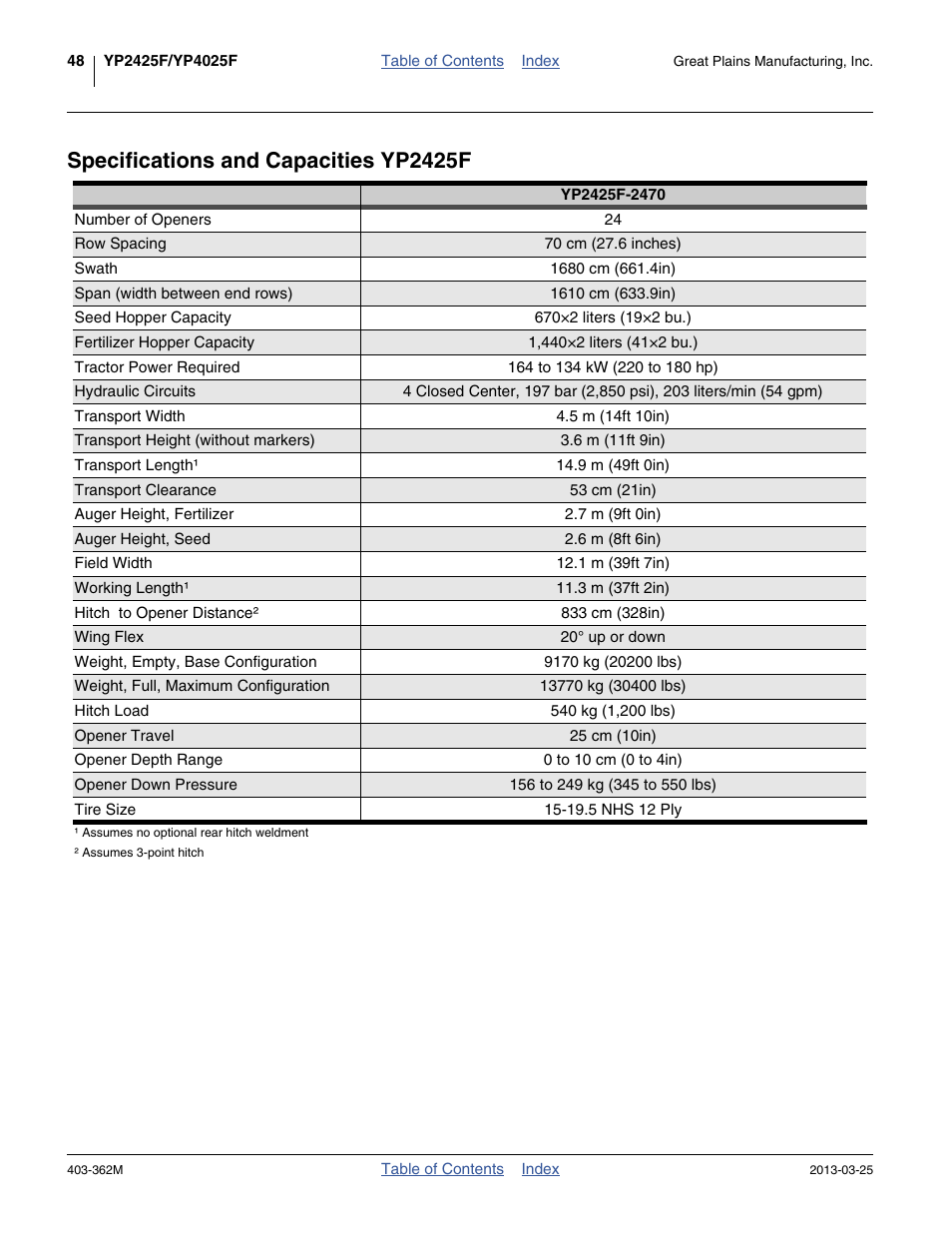 Specifications and capacities yp2425f | Great Plains YP40F Operator Manual User Manual | Page 52 / 76