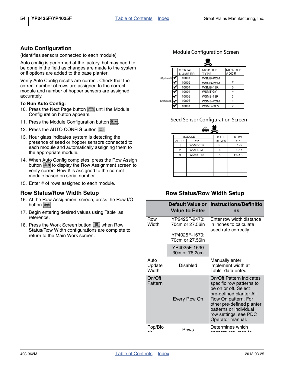 Auto configuration, To run auto config, Row status/row width setup | Module configuration screen, Seed sensor configuration screen | Great Plains YP40F Operator Manual User Manual | Page 58 / 76