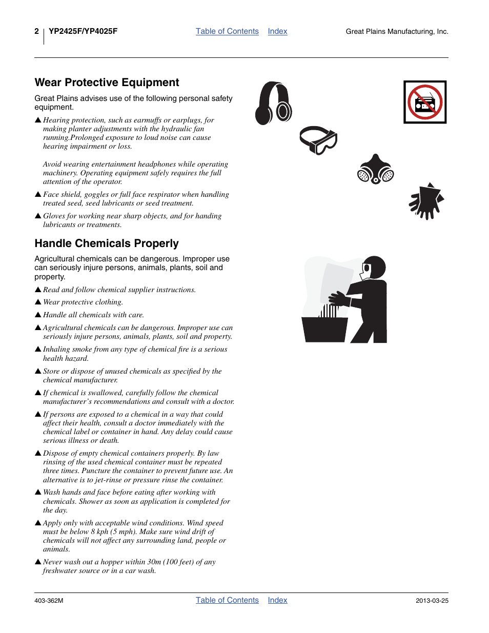 Wear protective equipment, Handle chemicals properly | Great Plains YP40F Operator Manual User Manual | Page 6 / 76